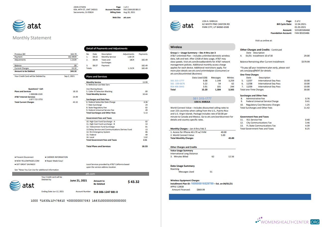 download USA Texas AT&T telecommunications utility bill template in Word and PDF format (2 pages) PDF template